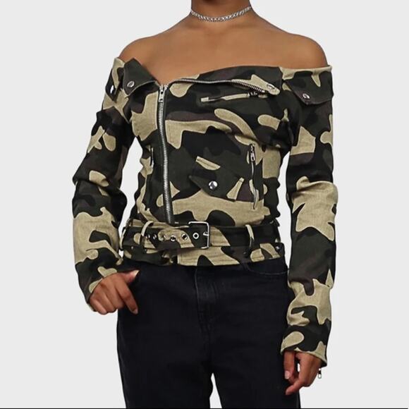 Fashion Nova off shoulder camouflage Moto jacket belted size medium - Picture 1 of 7